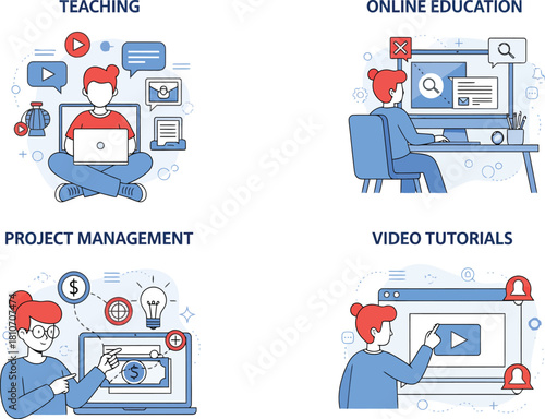 Four panel illustration showcasing teaching online education project management and video tutorials with stylized characters and icons