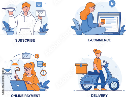 Four panel illustration showing logistics and delivery services from order to shipment and final mile delivery