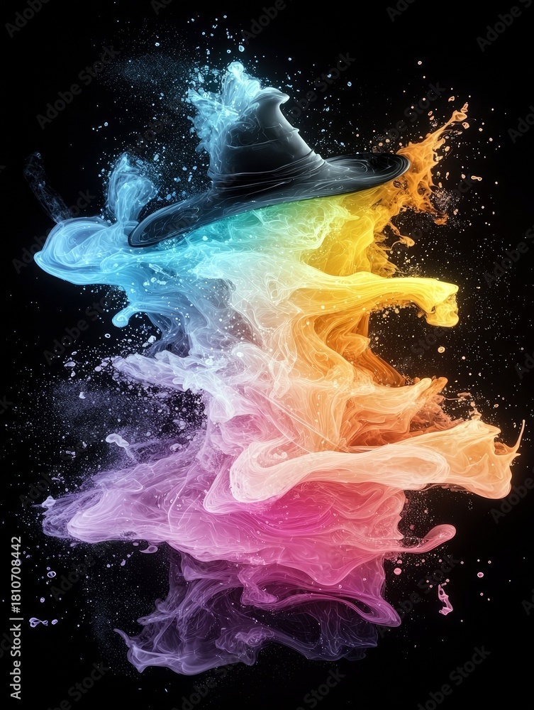 Fototapeta premium A black witch hat is depicted with vibrant, swirling smoke and liquid splashes in rainbow colors against a dark background.