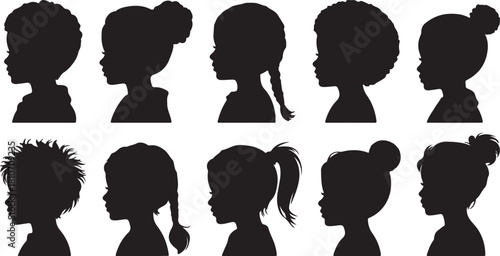Kids profile silhouettes diverse children hairstyles vector illustration