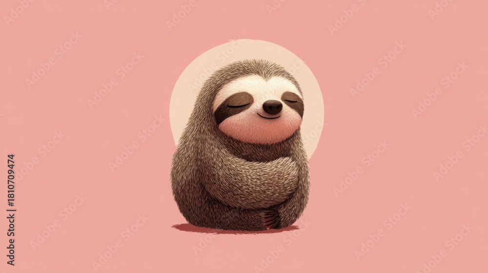 Naklejka premium Preschool-style cute sloth, super round body, pastel brown, tiny smile, soft baby-like shapes, white background