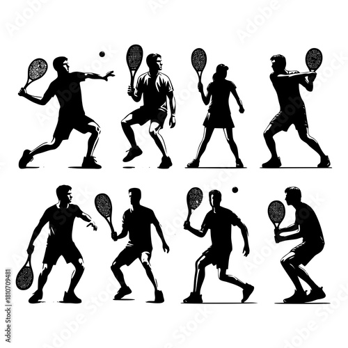 Tennis Player Silhouette Vector Set. Men and women athletes in action poses serving and hitting ball isolated on white.