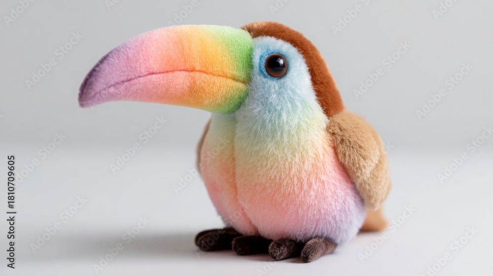 Naklejka premium Preschool cute toucan, pastel rainbow beak, round soft body, white background