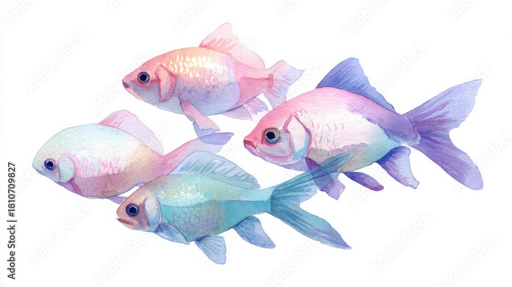 Fototapeta premium Minimal pastel fish group, soft baby colors, white background