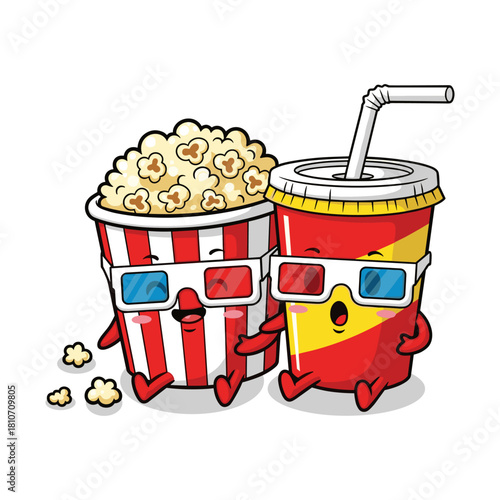Cute cartoon popcorn bucket and soda cup wearing 3d glasses together, isolated on