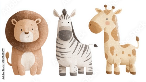 Minimal pastel African animals group, chubby lion zebra and giraffe, cute round shapes, white background