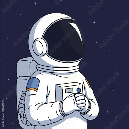 Cute cartoon astronaut in a white spacesuit floating in outer space with stars in the dark blue background, looking thoughtful