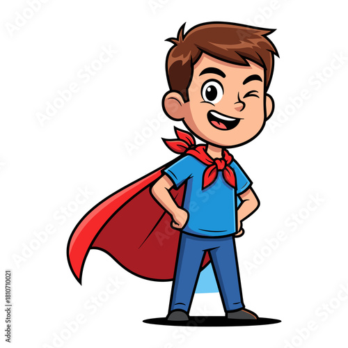 Cute cartoon boy character winking and standing confidently with a red superhero cape and neckerchief, isolated on