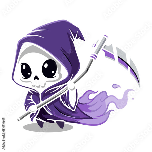 Cute cartoon grim reaper character wearing a purple cloak and holding a scythe, isolated on