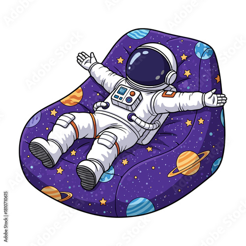 Relaxed cartoon astronaut in a white suit chilling and lying back on a purple bean bag chair decorated with planet pattern