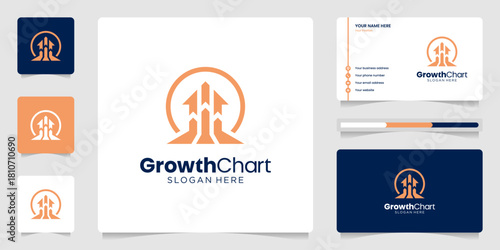 Circle line with Financial Arrow Up Diagram Chart Bar logo design. Modern minimal Business card design template.