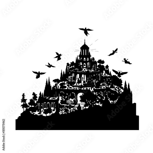 Silhouette of a castle on a hill with birds flying around.