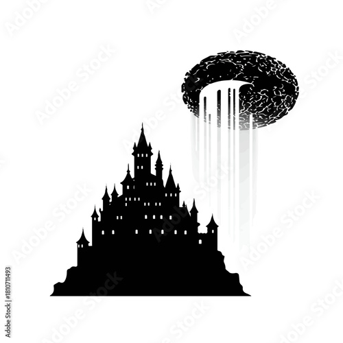 Silhouette of a dark medieval castle under a UFO emitting a beam of light.