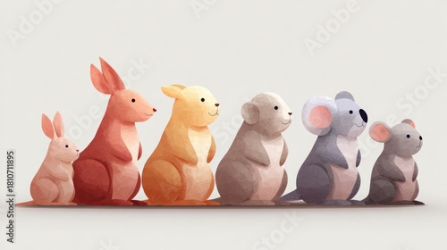Minimal pastel kangaroo and koala group, chubby cute shapes, soft warm palette, white background