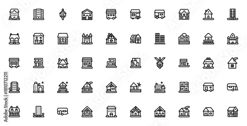 Types of Houses icon set. Vector illustration. Inclues student housing, apartmnts, tree house, cabin, moile home, cottage, bungalo, palace and more.