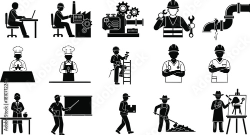 Diverse professional occupation silhouettes including office workers, factory operators, engineers, chefs, teachers, delivery staff, farmers, and artists in detailed vector illustration