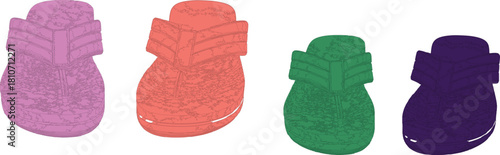 The image features four cartoon-style shoes. This immediately tells us the footwear, and specifically, that it's an illustration or graphic rather than a photograph of real shoes. The 