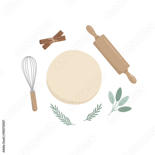 Winter Baking Tools on Kitchen Counter – Minimal Top-View Flat Vector Illustration