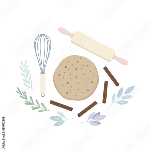 Winter Baking Tools on Kitchen Counter – Minimal Top-View Flat Vector Illustration