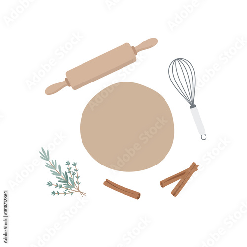Winter Baking Tools on Kitchen Counter – Minimal Top-View Flat Vector Illustration