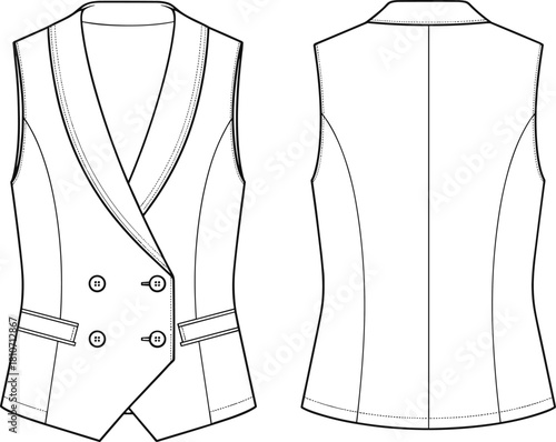 Double-breasted tailored vest technical flat sketch, front and back view, shawl collar, cad drawing, vector illustration, garment construction