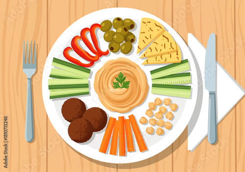 A top-down vector illustration of a Mediterranean mezze platter features a central swirl of hummus surrounded by falafel, pita triangles, olives, and fresh vegetables on a rustic wooden table