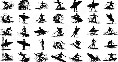 Dynamic surfing silhouettes collection showing surfers riding waves, performing tricks, paddle boarding, and ocean sport activities in bold black vector style
