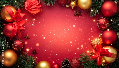 Wallpaper Mural A luxurious Christmas background framed with golden ornaments, ribbons, pine branches, and sparkling lights, leaving space in the center for text or branding. Perfect for invitations. Torontodigital.ca