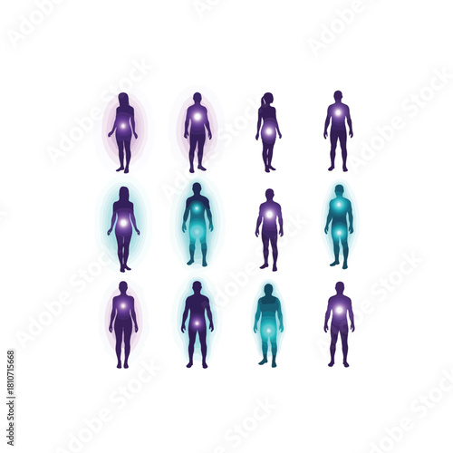 Collection of human silhouettes with aura and chakras isolated on white background