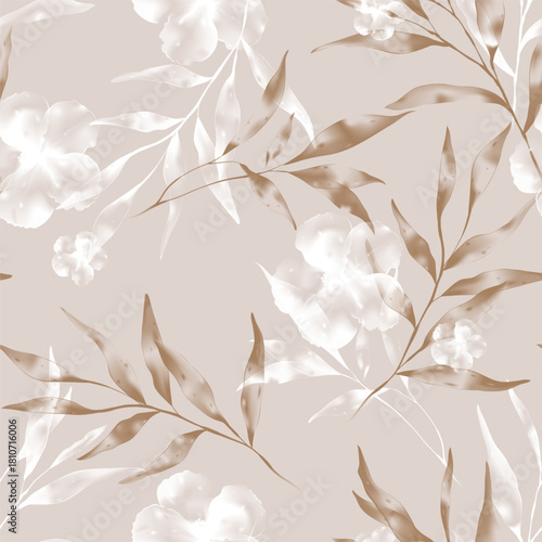 Botanical seamless pattern featuring hibiscus and leafy branches in translucent white and brown tones on a creamy beige background