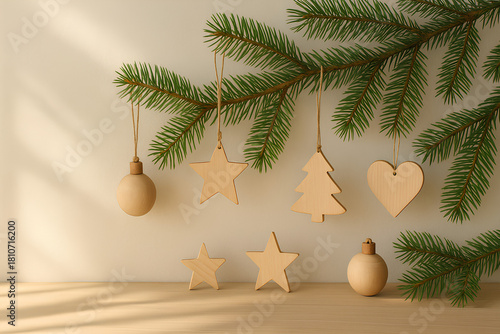 Green Pine Branches with Gold Christmas Ornaments