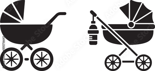 Set of Two Silhouette Baby Strollers or Prams With Details