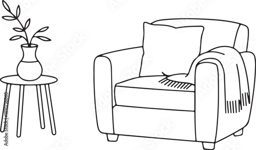 Living room corner armchair with blanket and vase side table line drawing