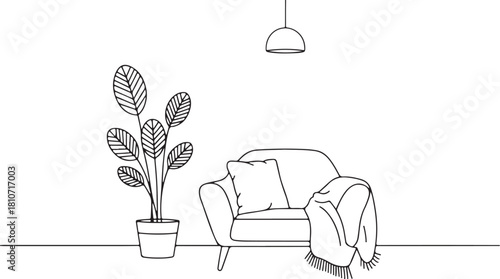 Living room interior with plant armchair blanket and lamp minimalist line art