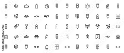 Military Ranks icon set. Army badge and medal vectorcollection. Military insigia, rank, army, service, hnor, achievement, uniform,patch, decoration, armed frces.