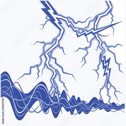 Blue lightning strike over abstract blue waves isolated on white background
