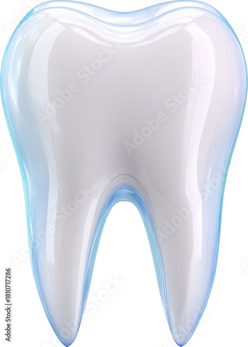 Glossy 3D Render of a Tooth with Blue Highlights Against White Background