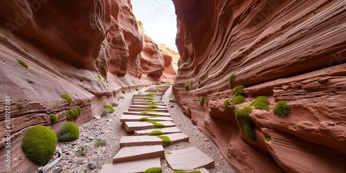 A path of stone steps winds through a narrow canyon with towering red rock walls and scattered green moss