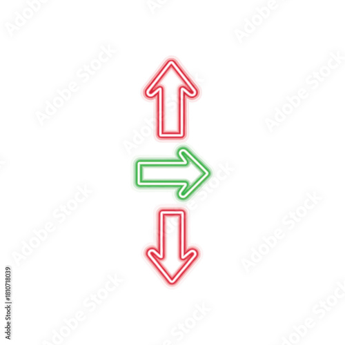 Red and green neon arrows pointing up right and down isolated on white background