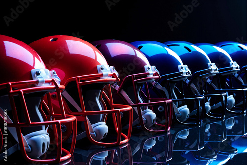 Row of shiny red and blue American football helmets facing each other on a black reflective surface representing team competition and championship rivalry