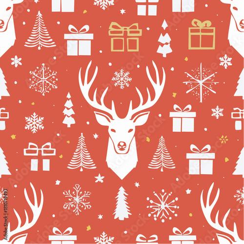 Vibrant Christmas pattern featuring a reindeer, snowflakes, trees, and gifts on a bright red background with a festive holiday theme.