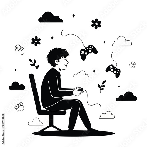 A young man sits in a chair playing a video game, surrounded by floating controllers, flowers, clouds, and leaves.