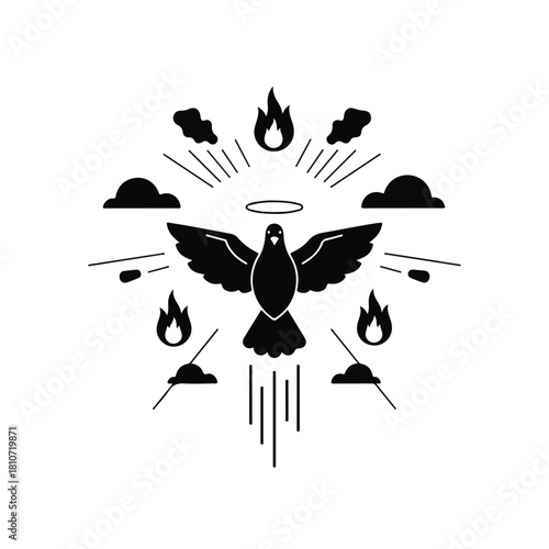 Stylized black and white illustration of a dove with outstretched wings, a halo, surrounded by flames, clouds, and radiating lines.