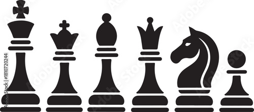 Chess piece icons set. Board game. Black silhouettes illustration. Outline set of chess vector icon for web design isolated on white background. King, queen, bishop, pawn, horse, knight, rook.