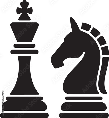 Chess piece icons set. Board game. Black silhouettes illustration. Outline set of chess vector icon for web design isolated on white background. King, queen, bishop, pawn, horse, knight, rook.