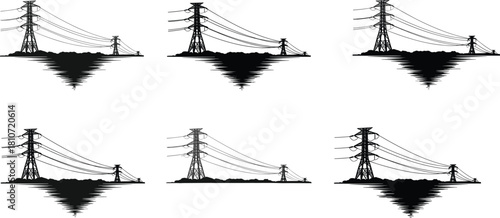 Black Silhouettes of Electrical Transmission Towers with Reflections, Industrial Energy Infrastructure Vector for Power Grid and Utility Design Concepts