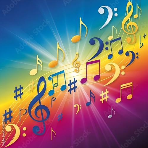“Vibrant Colorful Music Notes Background with Treble Clef and Melody Symbols – Abstract Musical Art Design”