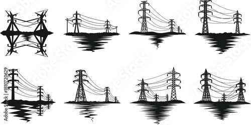 Set of high voltage transmission tower silhouettes with reflections, showcasing diverse pylon designs for electrical grid infrastructure artwork