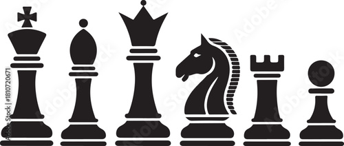 Chess piece icons set. Board game. Black silhouettes illustration. Outline set of chess vector icon for web design isolated on white background. King, queen, bishop, pawn, horse, knight, rook.