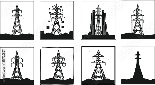 Creative transmission tower concepts in black and white vector style showcasing abstract, geometric, futuristic, and stylized industrial design variations.